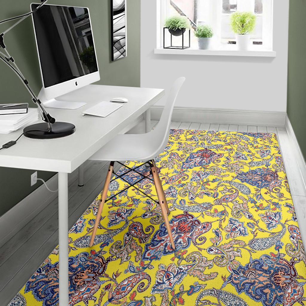 Yellow Paisley Pattern Print Floor Mat-grizzshop