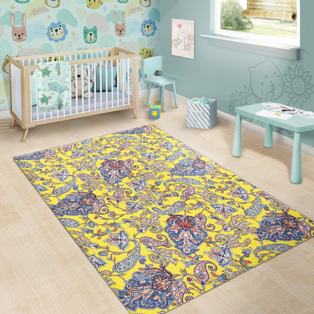 Yellow Paisley Pattern Print Floor Mat-grizzshop