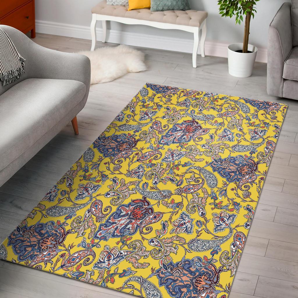 Yellow Paisley Pattern Print Floor Mat-grizzshop