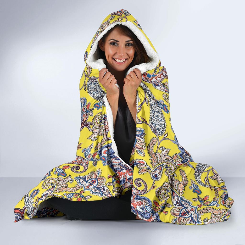 Yellow Paisley Pattern Print Hooded Blanket-grizzshop