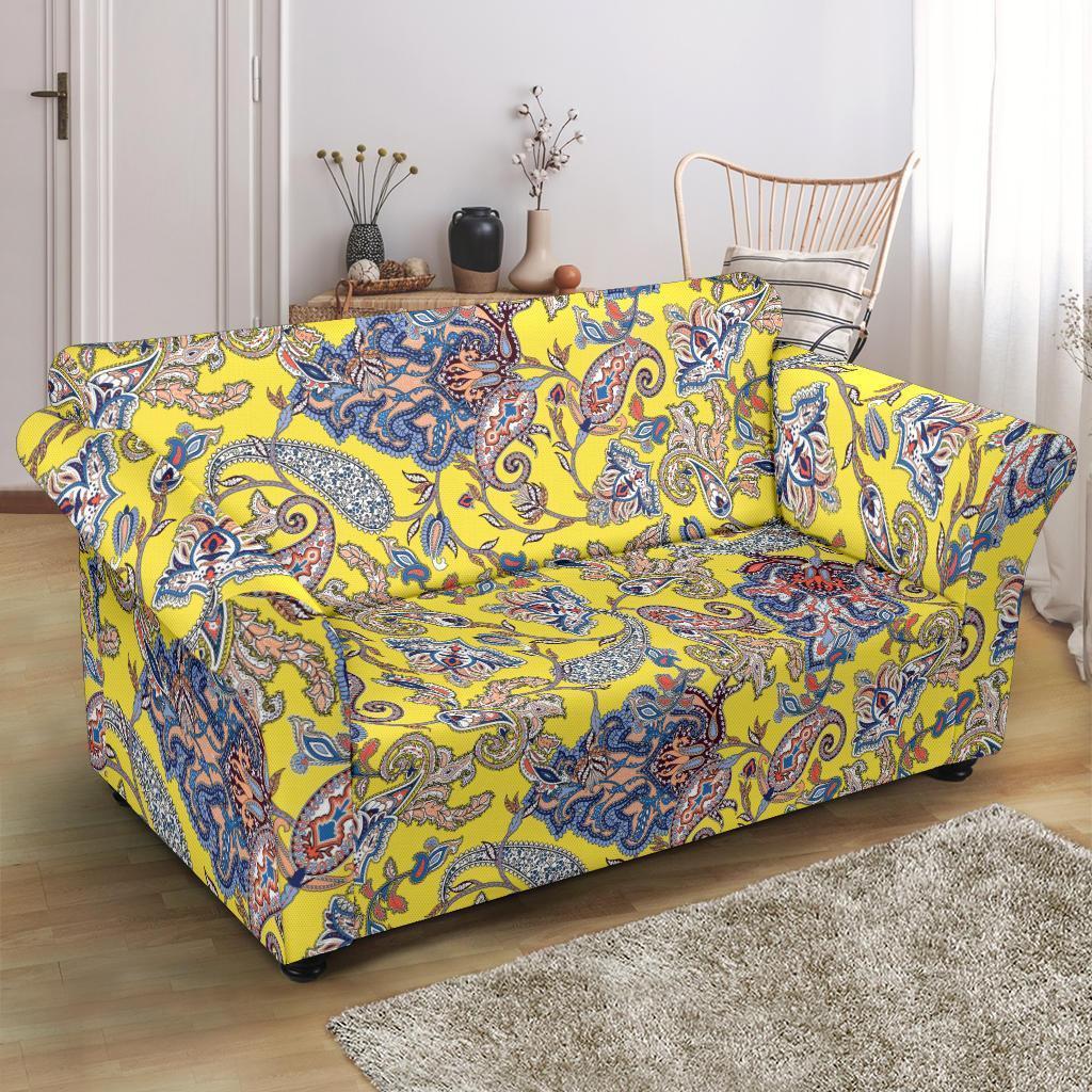 Yellow Paisley Pattern Print Loveseat Cover-grizzshop