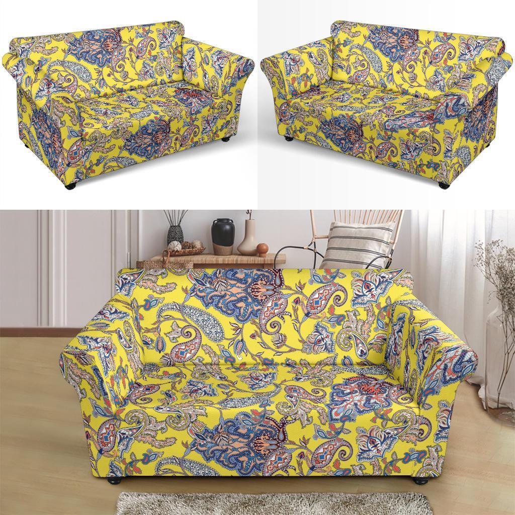 Yellow Paisley Pattern Print Loveseat Cover-grizzshop