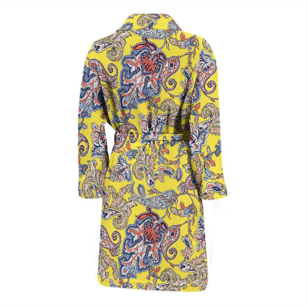 Yellow Paisley Pattern Print Men Long Robe-grizzshop