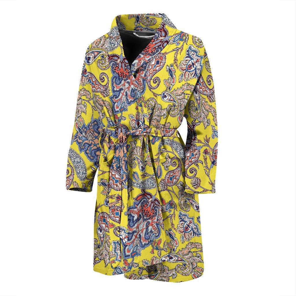 Yellow Paisley Pattern Print Men Long Robe-grizzshop