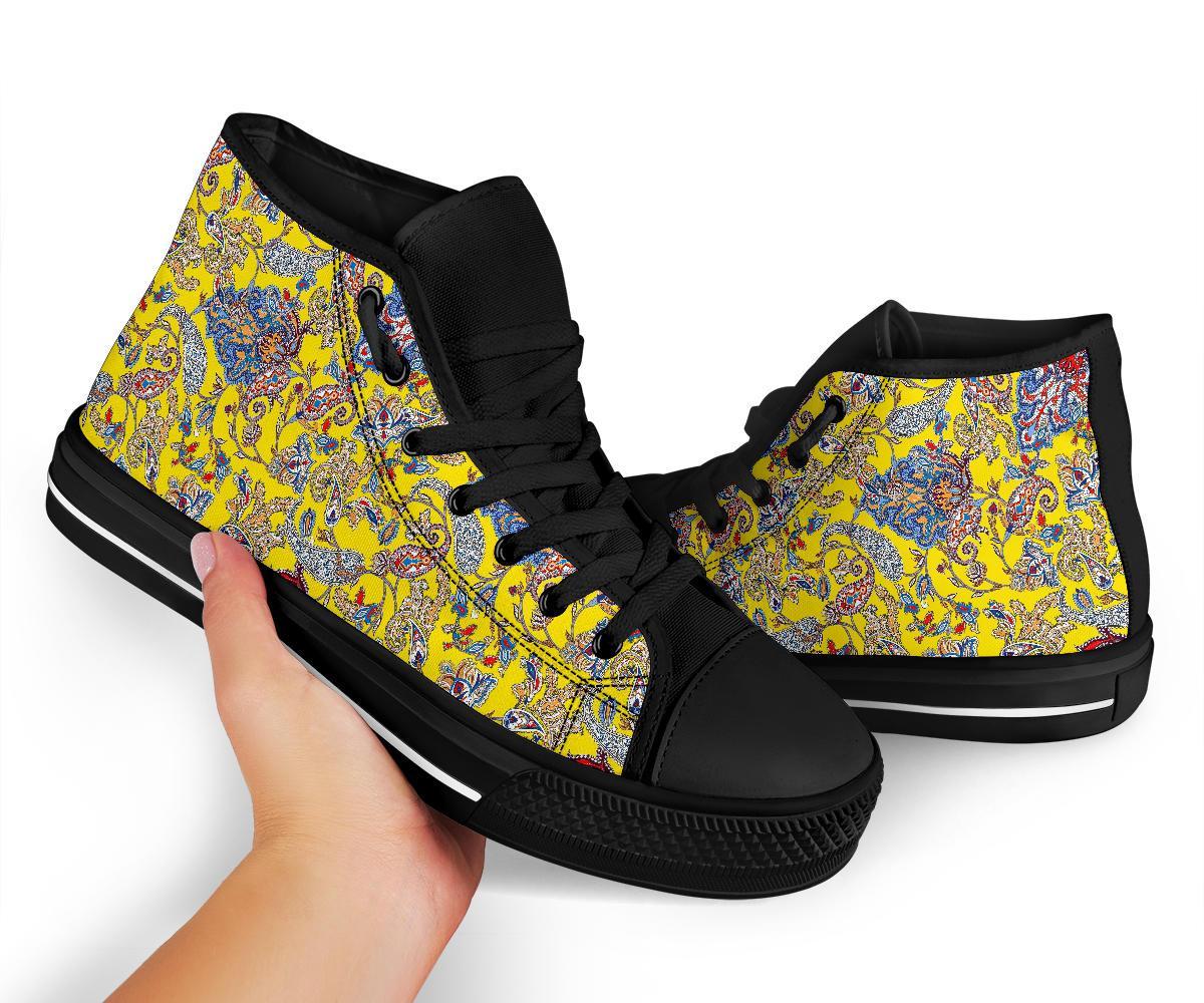 Yellow Paisley Pattern Print Men Women's High Top Shoes-grizzshop