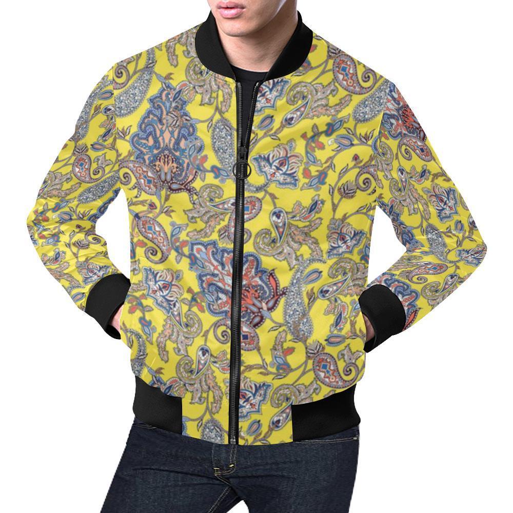 Yellow Paisley Pattern Print Men's Bomber Jacket-grizzshop