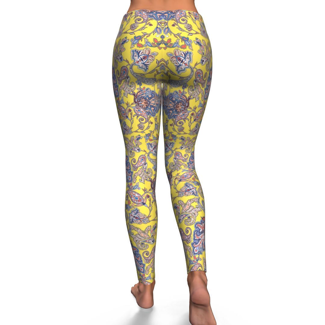 Yellow Paisley Pattern Print Pattern Women Leggings-grizzshop