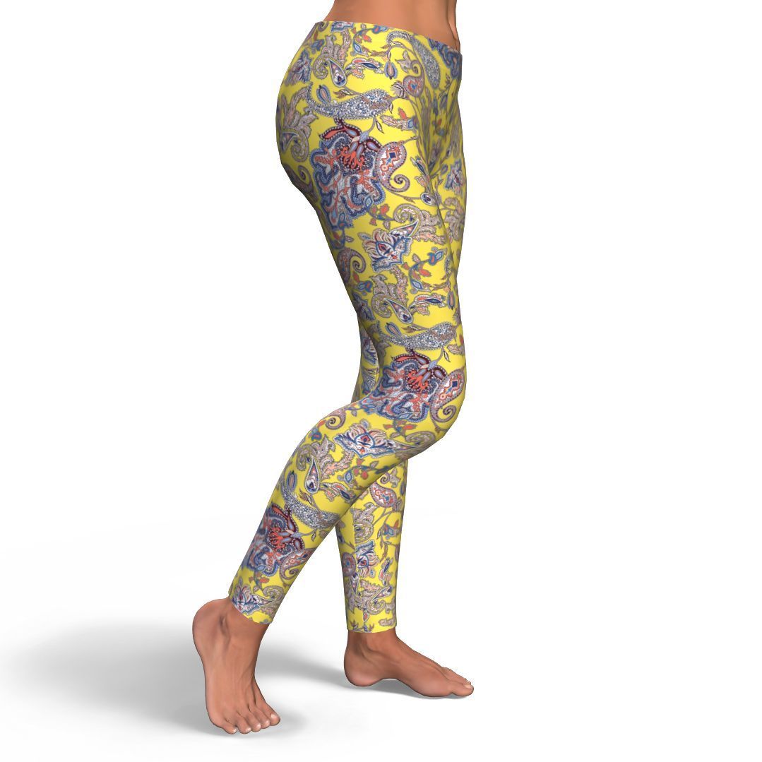 Yellow Paisley Pattern Print Pattern Women Leggings-grizzshop