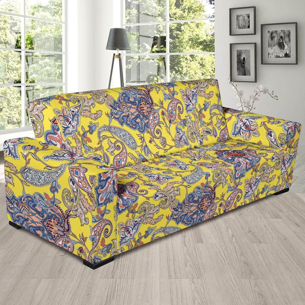 Yellow Paisley Pattern Print Sofa Covers-grizzshop