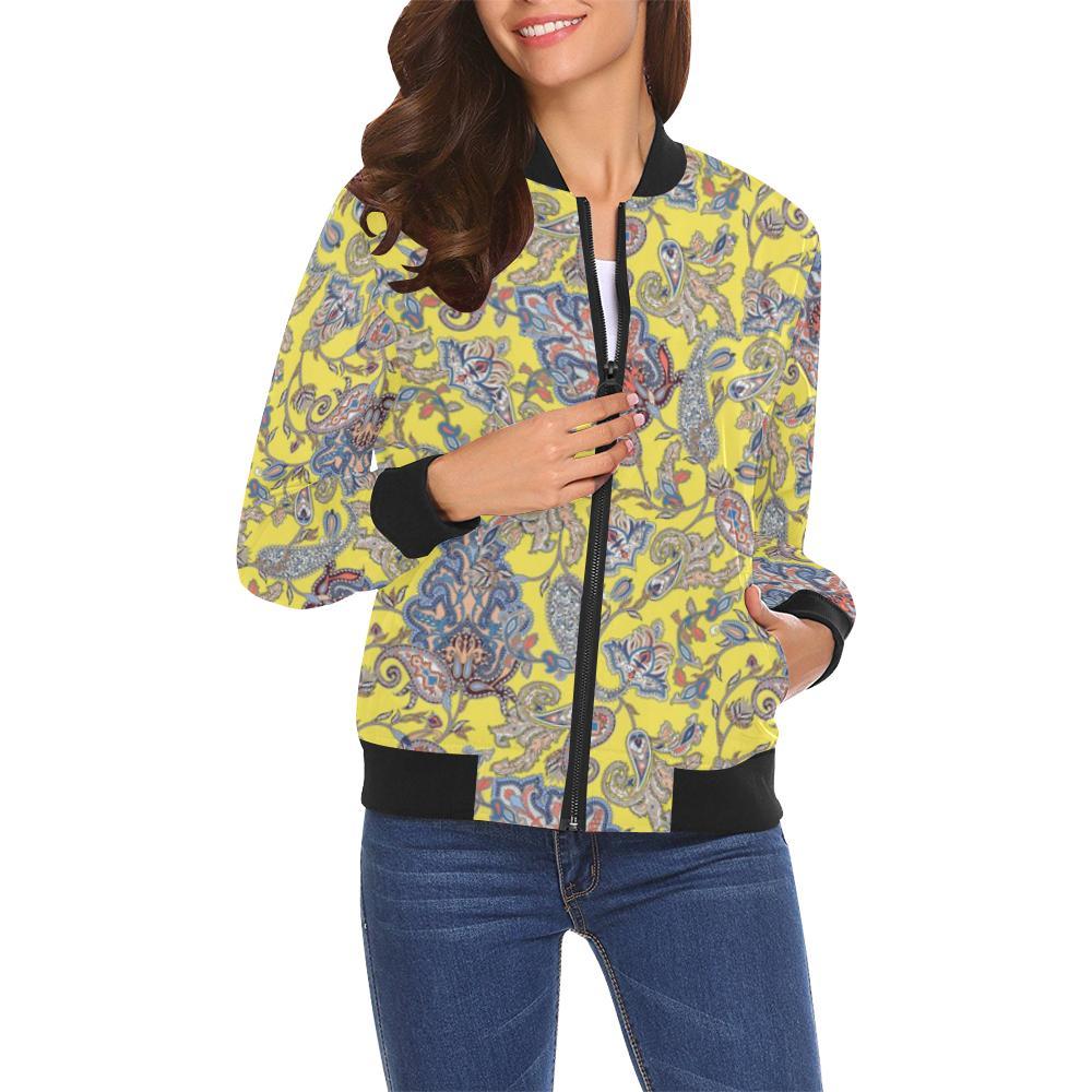 Yellow Paisley Pattern Print Women Casual Bomber Jacket-grizzshop