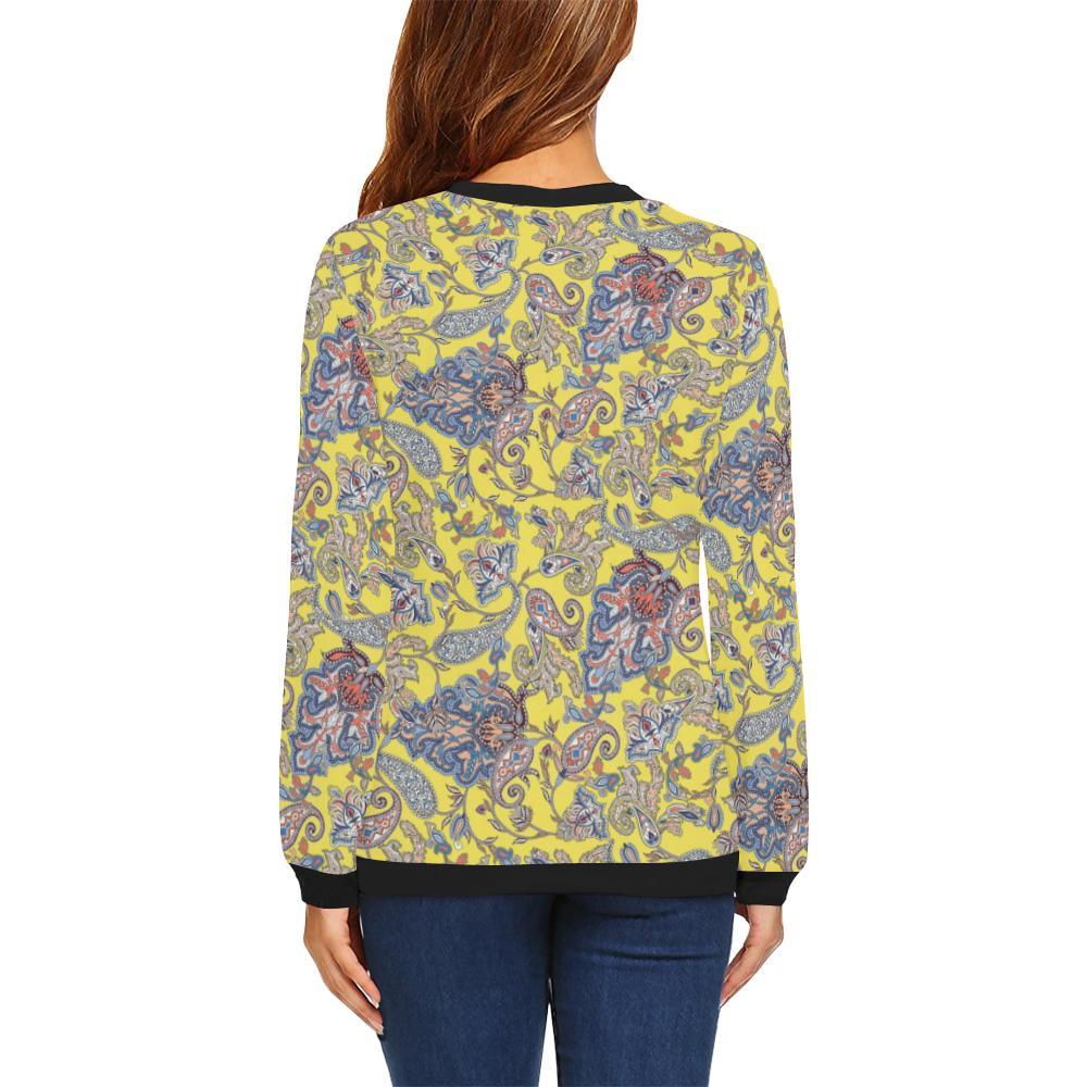 Yellow Paisley Pattern Print Women Crewneck Sweatshirt-grizzshop