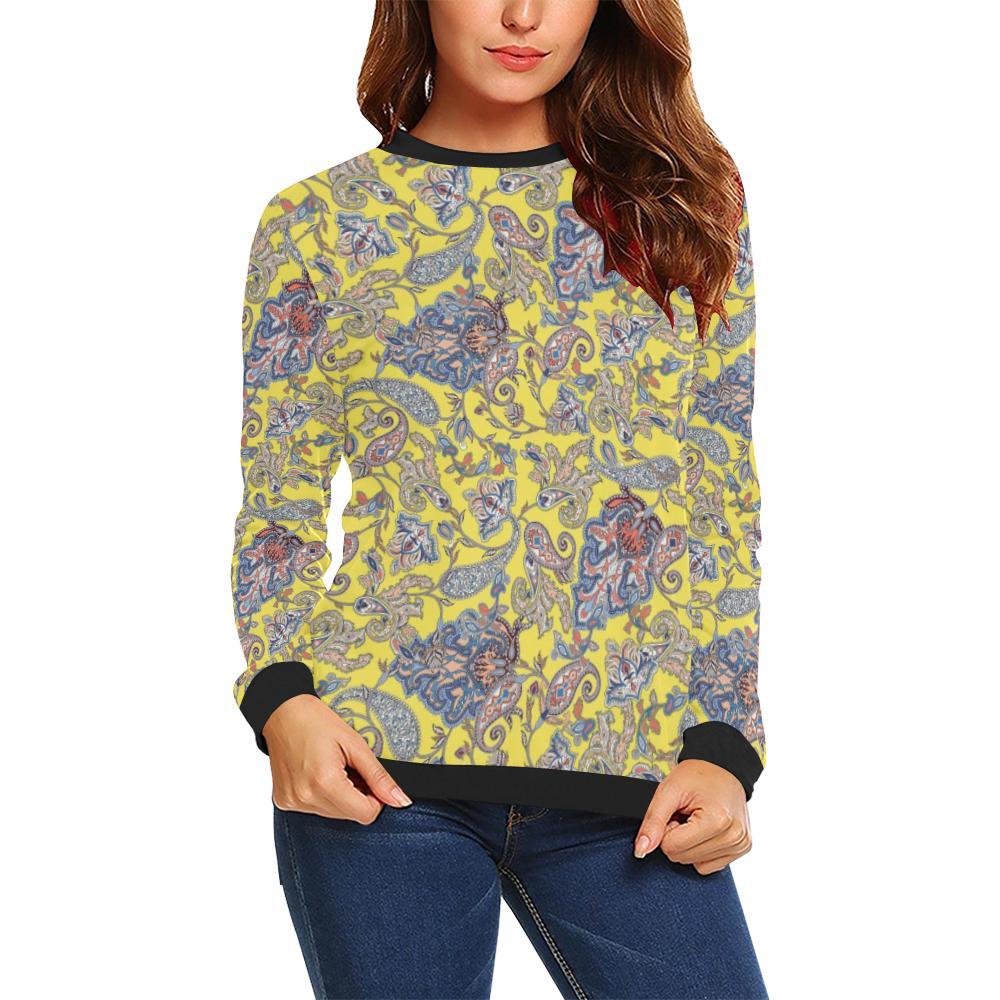 Yellow Paisley Pattern Print Women Crewneck Sweatshirt-grizzshop