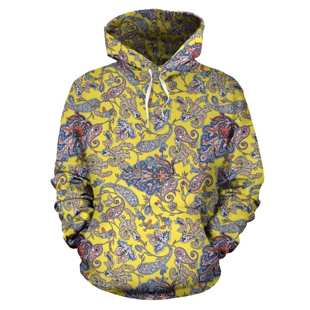 Yellow Paisley Pattern Print Women Men Pullover Hoodie-grizzshop