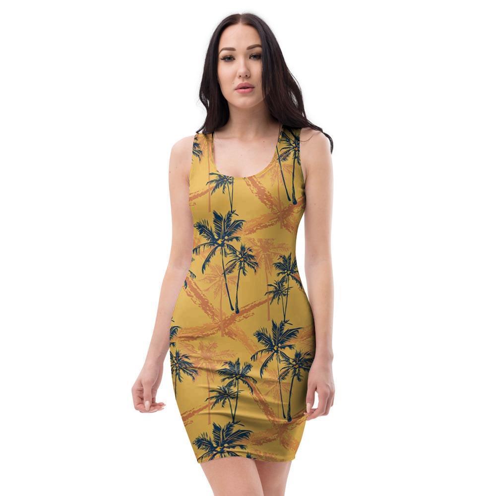 Yellow Palm Tree Hawaiian Print Bodycon Dress-grizzshop