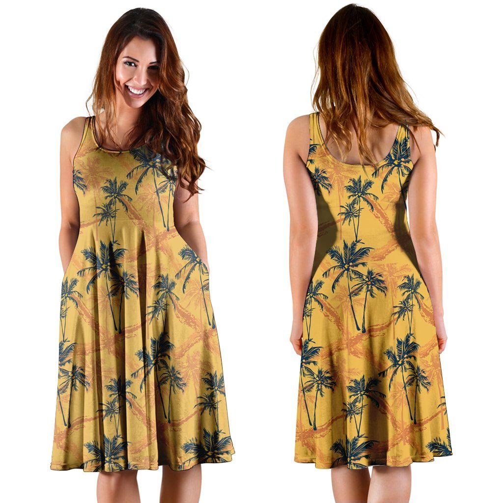 Yellow Palm Tree Hawaiian Print Dress-grizzshop