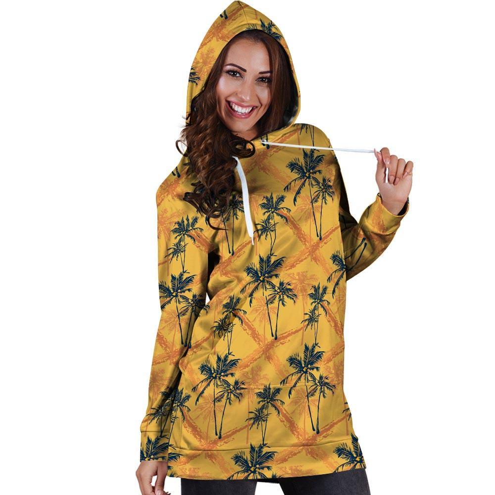 Yellow Palm Tree Hawaiian Print Hoodie Dress-grizzshop