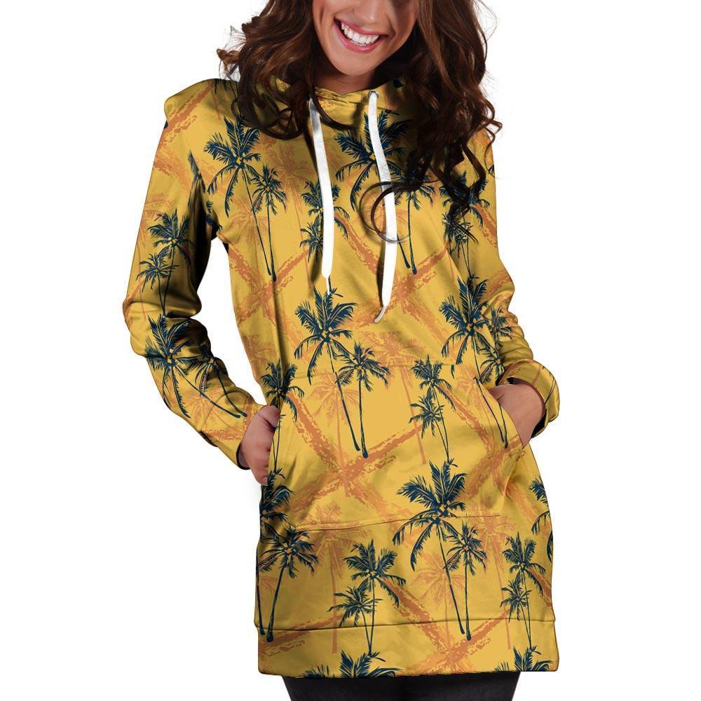 Yellow Palm Tree Hawaiian Print Hoodie Dress-grizzshop