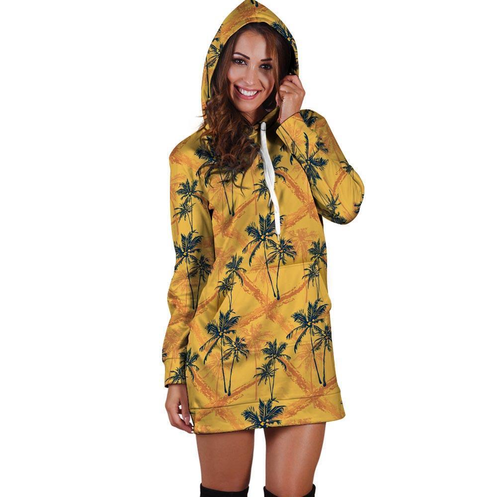 Yellow Palm Tree Hawaiian Print Hoodie Dress-grizzshop
