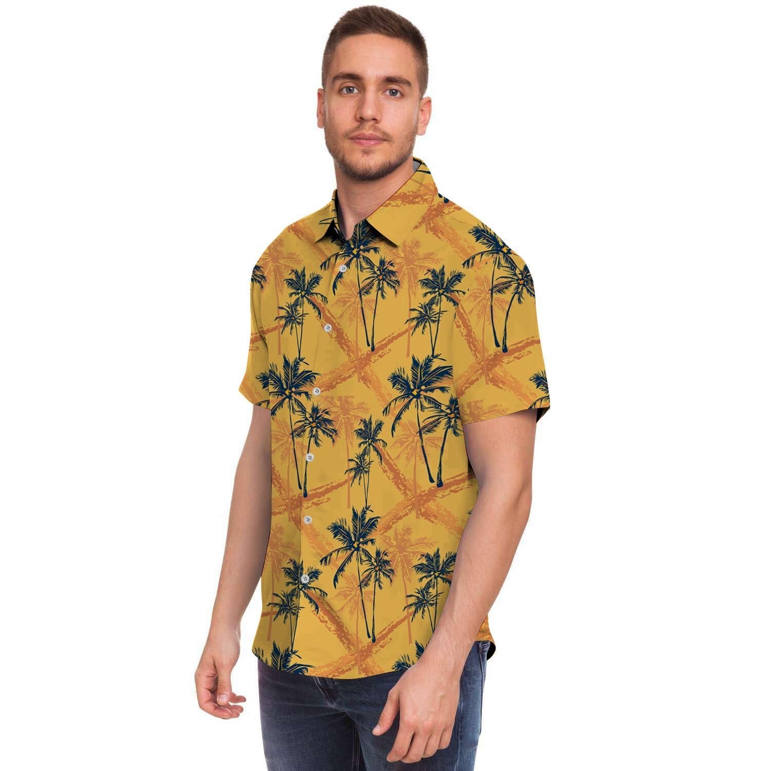 Yellow Palm Tree Hawaiian Print Men's Short Sleeve Shirt-grizzshop