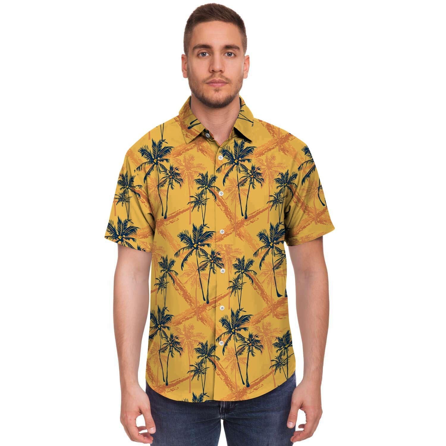 Yellow Palm Tree Hawaiian Print Men's Short Sleeve Shirt-grizzshop