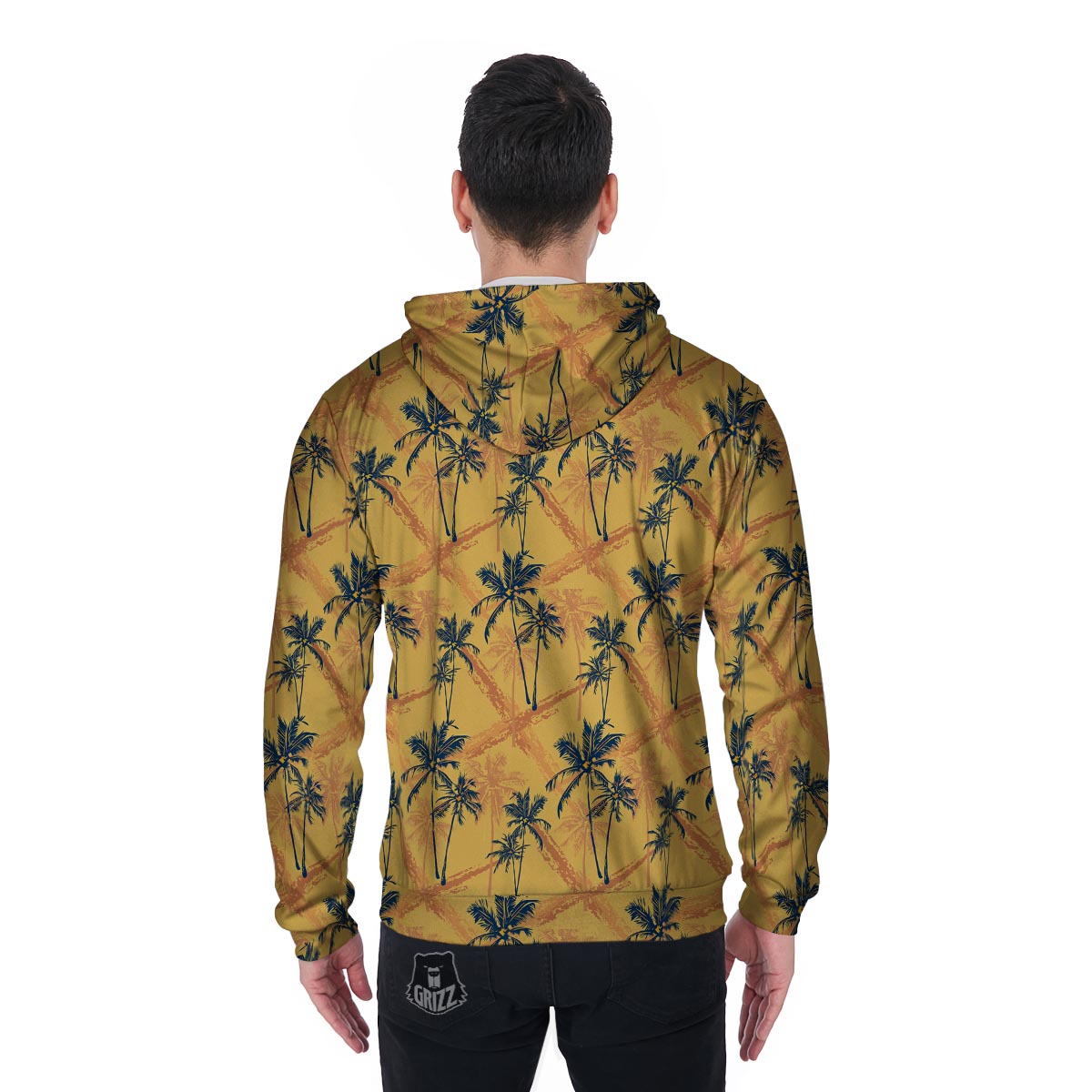 Yellow Palm Tree Hawaiian Print Men's Zip Up Hoodie-grizzshop