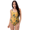 Yellow Palm Tree Hawaiian Print One Piece Swimsuite-grizzshop