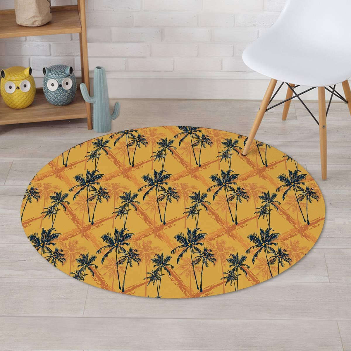 Yellow Palm Tree Hawaiian Print Round Rug-grizzshop