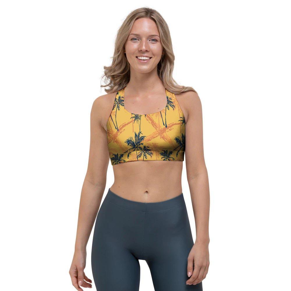 Yellow Palm Tree Hawaiian Print Sports Bra-grizzshop