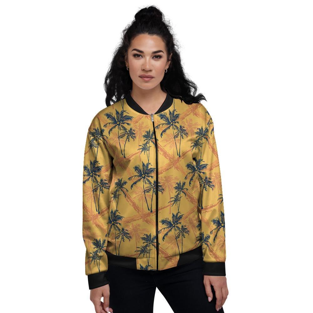 Yellow Palm Tree Hawaiian Print Women's Bomber Jacket-grizzshop