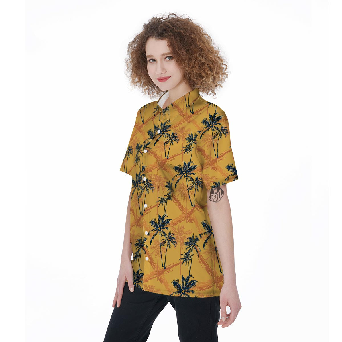 Yellow Palm Tree Hawaiian Print Women's Short Sleeve Shirts-grizzshop