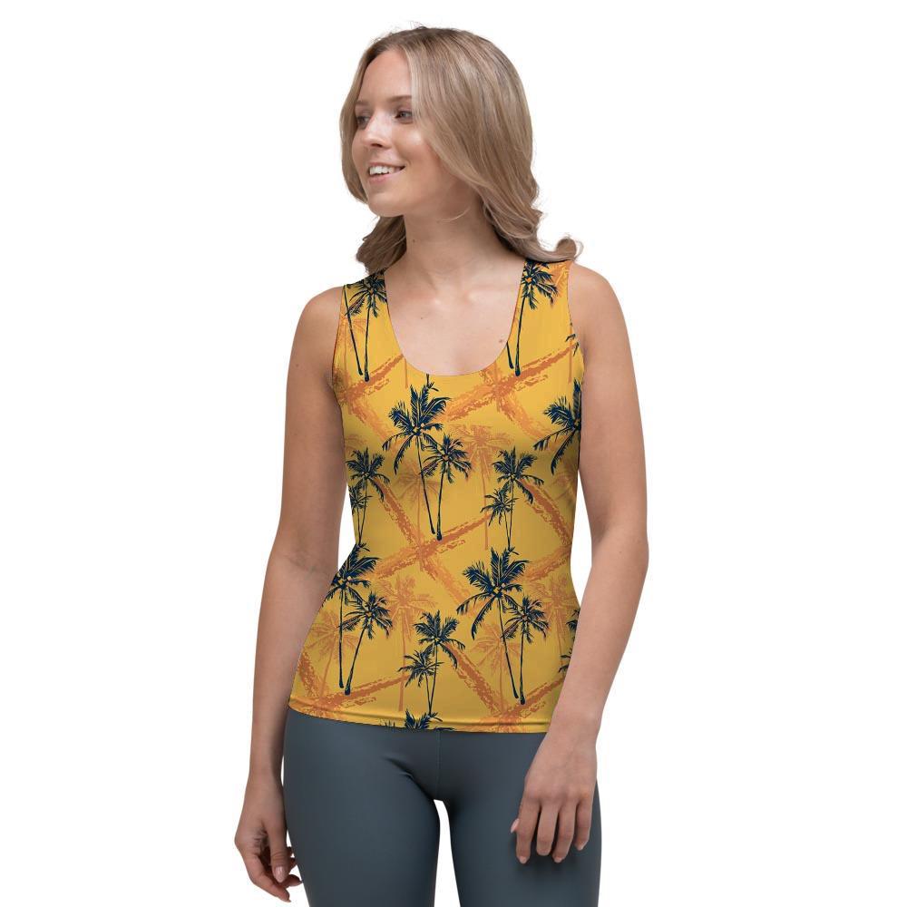 Yellow Palm Tree Hawaiian Print Women's Tank Top-grizzshop