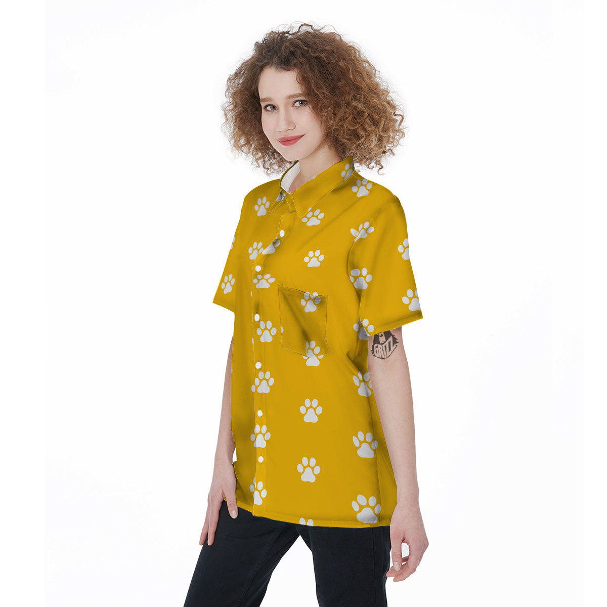 Yellow Paw Print Women's Short Sleeve Shirts-grizzshop
