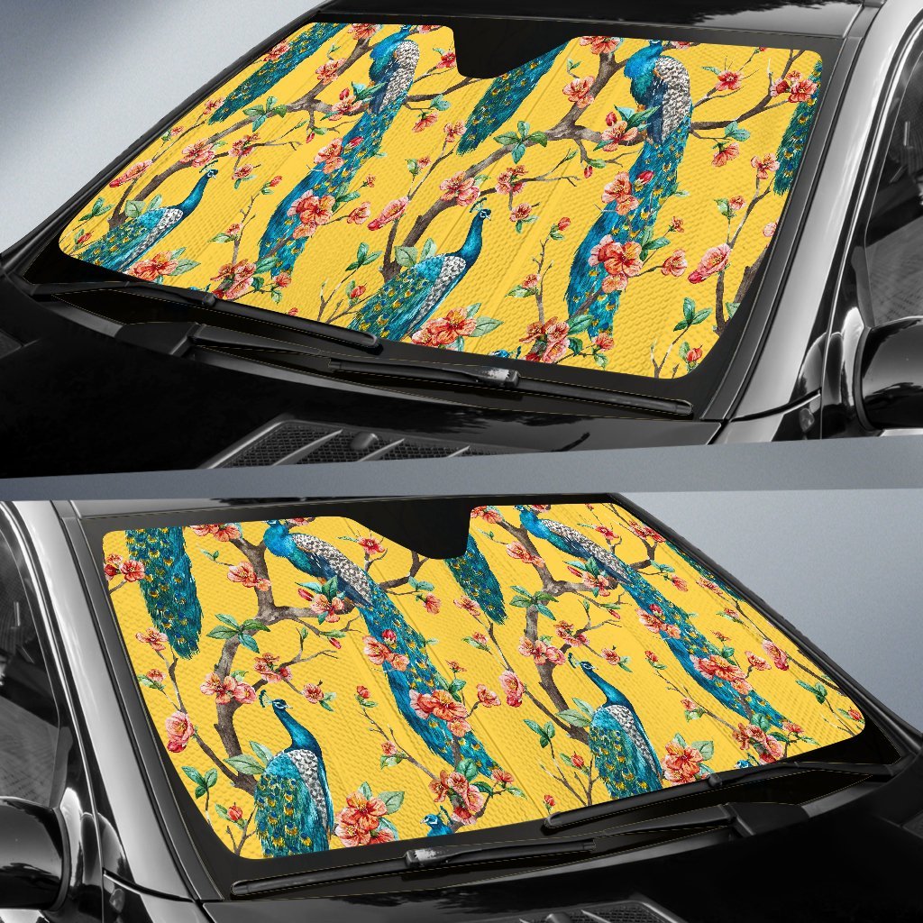 Yellow Peacock Floral Pattern Print Car Sun Shade-grizzshop