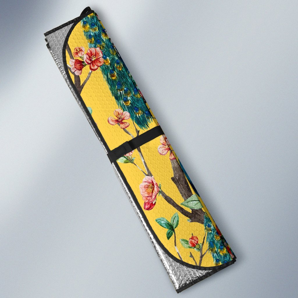 Yellow Peacock Floral Pattern Print Car Sun Shade-grizzshop