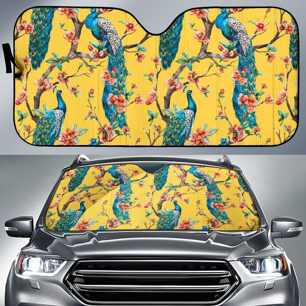 Yellow Peacock Floral Pattern Print Car Sun Shade-grizzshop