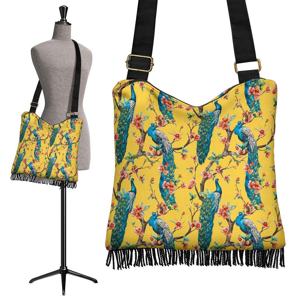 Yellow Peacock Floral Pattern Print Crossbody Bags-grizzshop