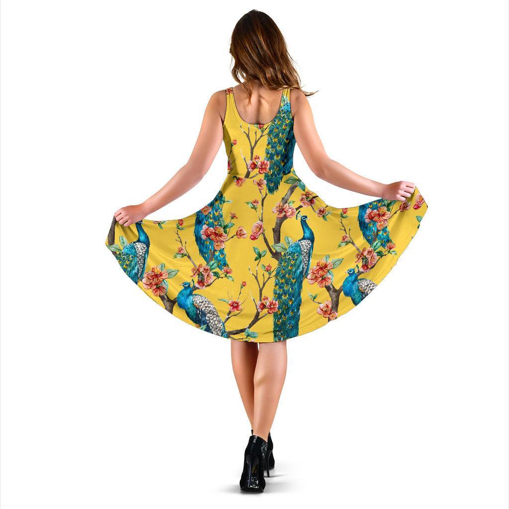 Yellow Peacock Floral Pattern Print Dress-grizzshop