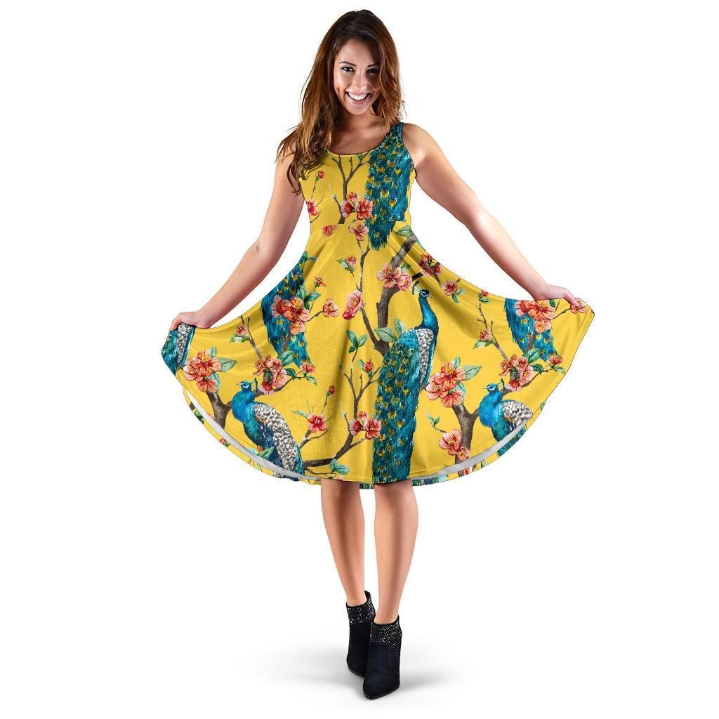 Yellow Peacock Floral Pattern Print Dress-grizzshop