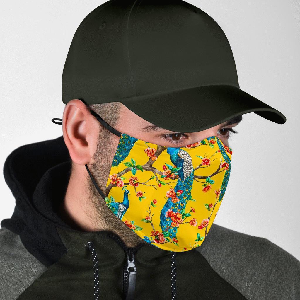 Yellow Peacock Floral Pattern Print Face Mask-grizzshop