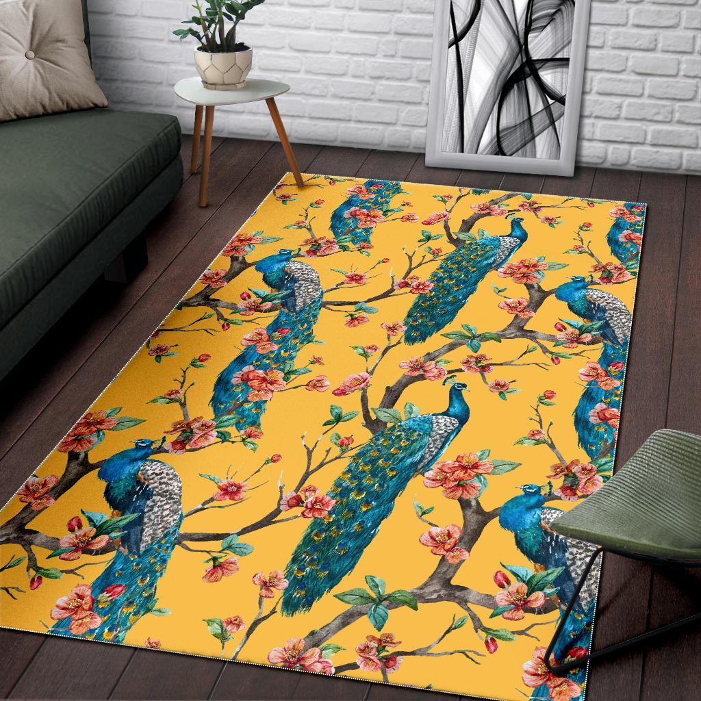 Yellow Peacock Floral Pattern Print Floor Mat-grizzshop