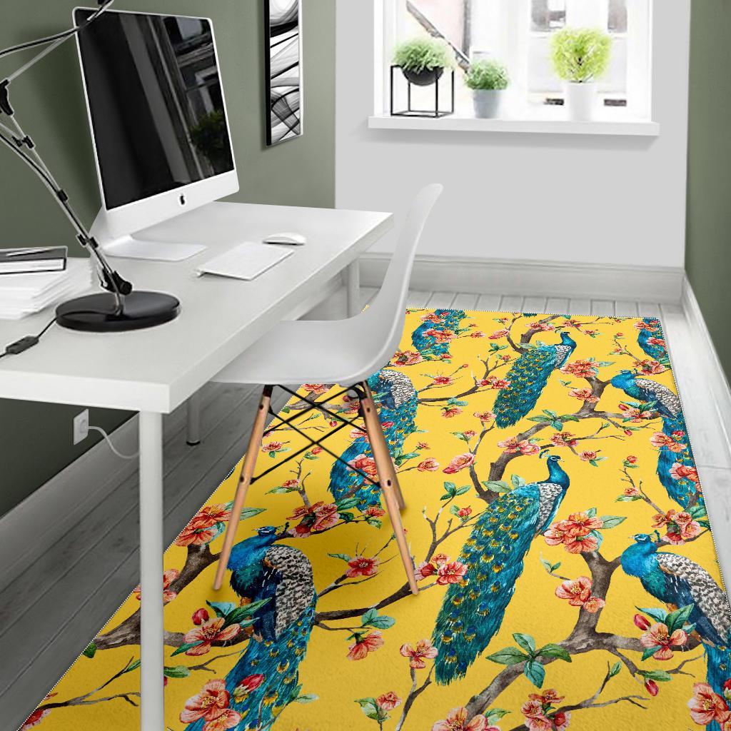 Yellow Peacock Floral Pattern Print Floor Mat-grizzshop