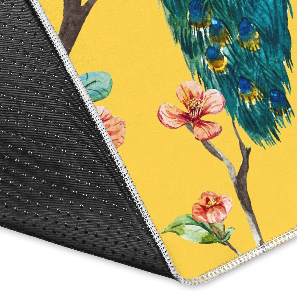 Yellow Peacock Floral Pattern Print Floor Mat-grizzshop