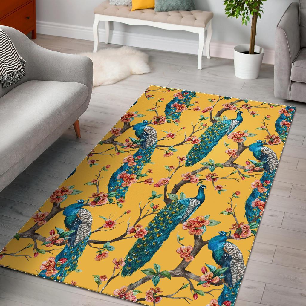 Yellow Peacock Floral Pattern Print Floor Mat-grizzshop