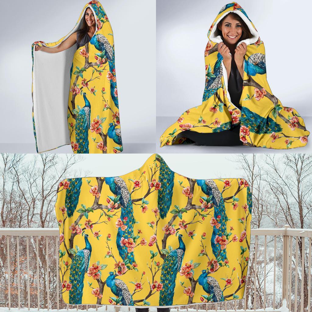 Yellow Peacock Floral Pattern Print Hooded Blanket-grizzshop