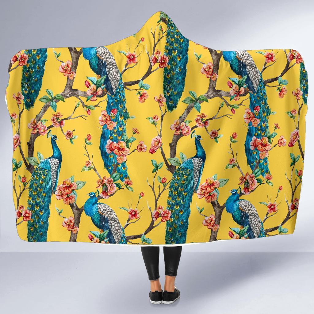 Yellow Peacock Floral Pattern Print Hooded Blanket-grizzshop