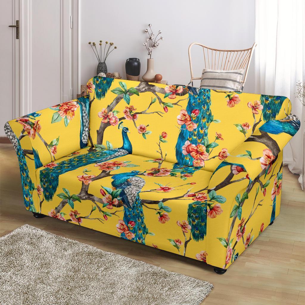 Yellow Peacock Floral Pattern Print Loveseat Cover-grizzshop