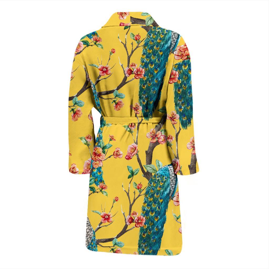 Yellow Peacock Floral Pattern Print Men Long Robe-grizzshop