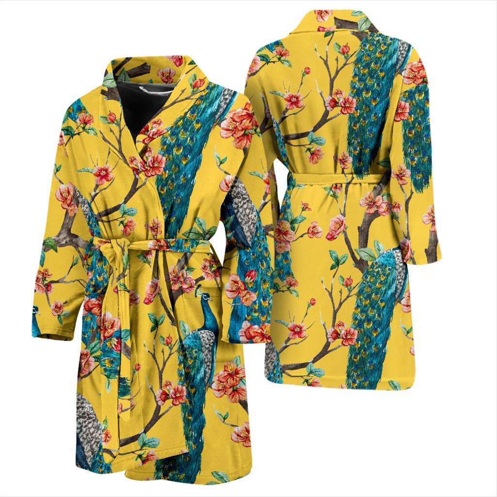 Yellow Peacock Floral Pattern Print Men Long Robe-grizzshop