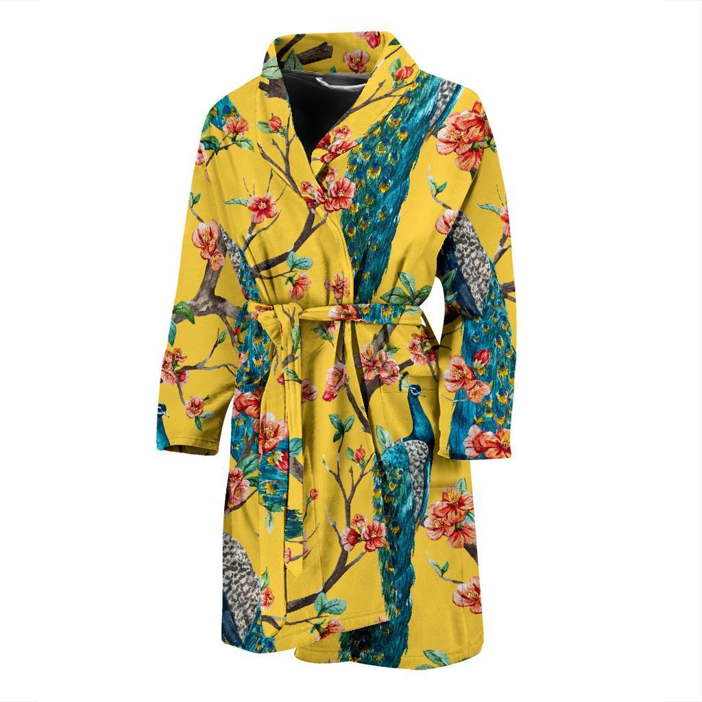 Yellow Peacock Floral Pattern Print Men Long Robe-grizzshop