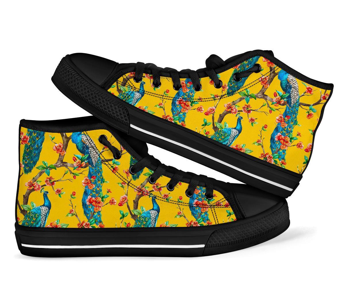 Yellow Peacock Floral Pattern Print Men Women's High Top Shoes-grizzshop